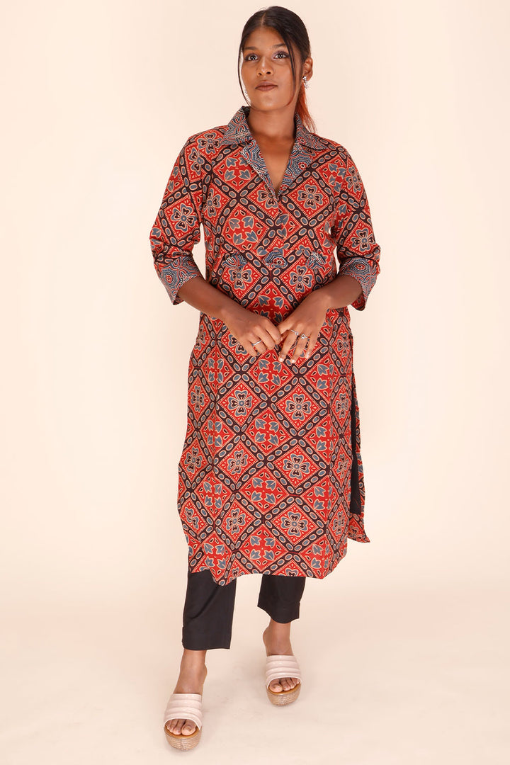 Red Ajrakh Printed Cotton Kurta 10067394