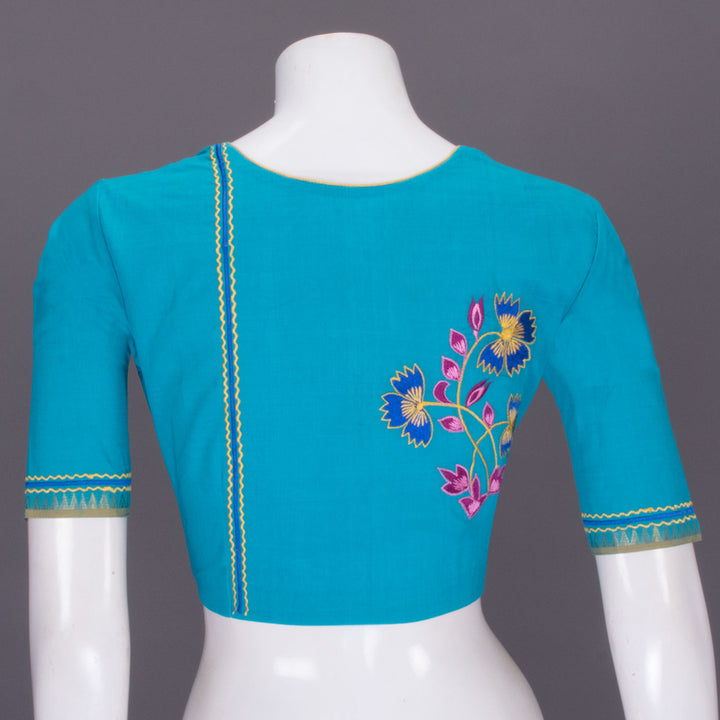 Blue Hand Embroidered Silk cotton Blouse - Avishya