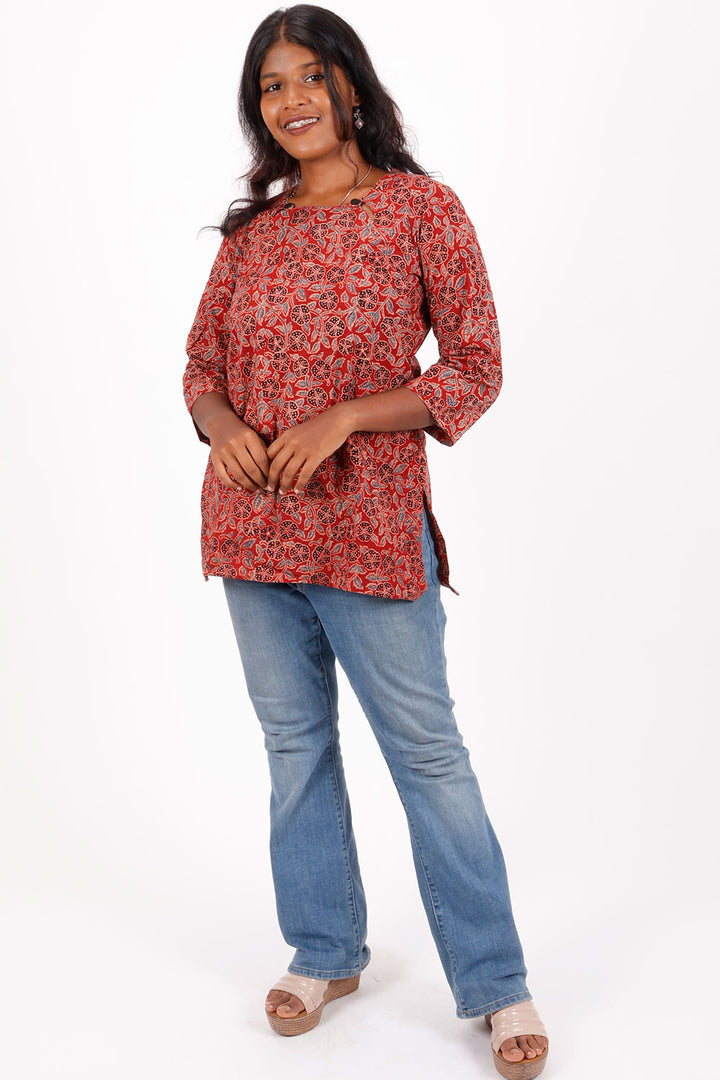 Red Ajrakh Printed Cotton Kurti