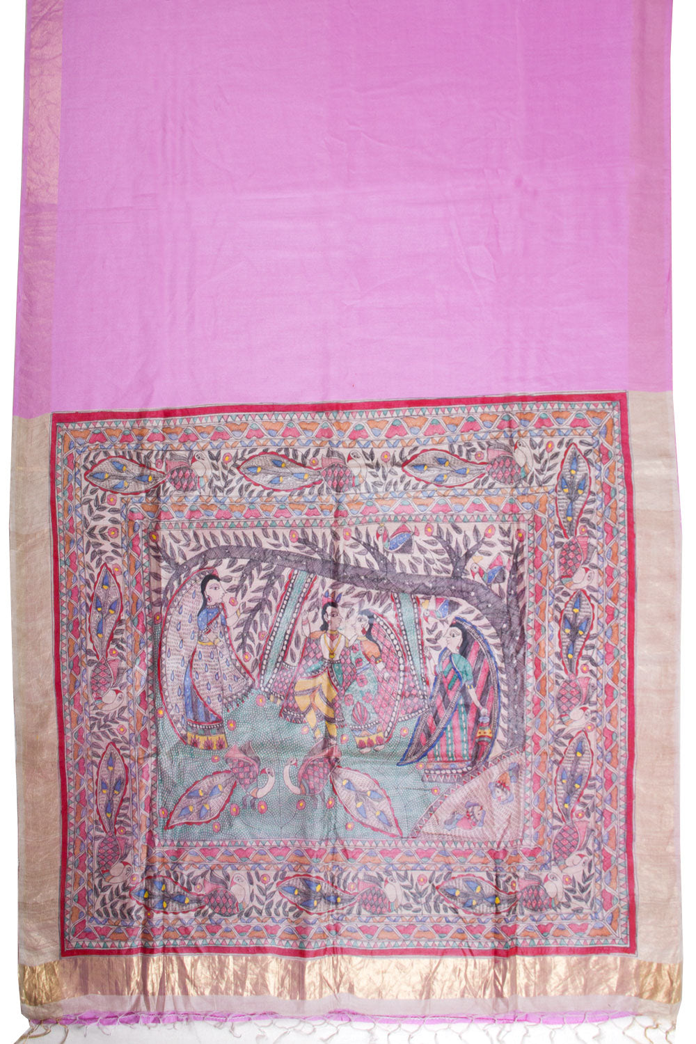 Pink Hand Painted Staple Silk Madhubani Saree With Tussar Pallu 10068444 - Avishya