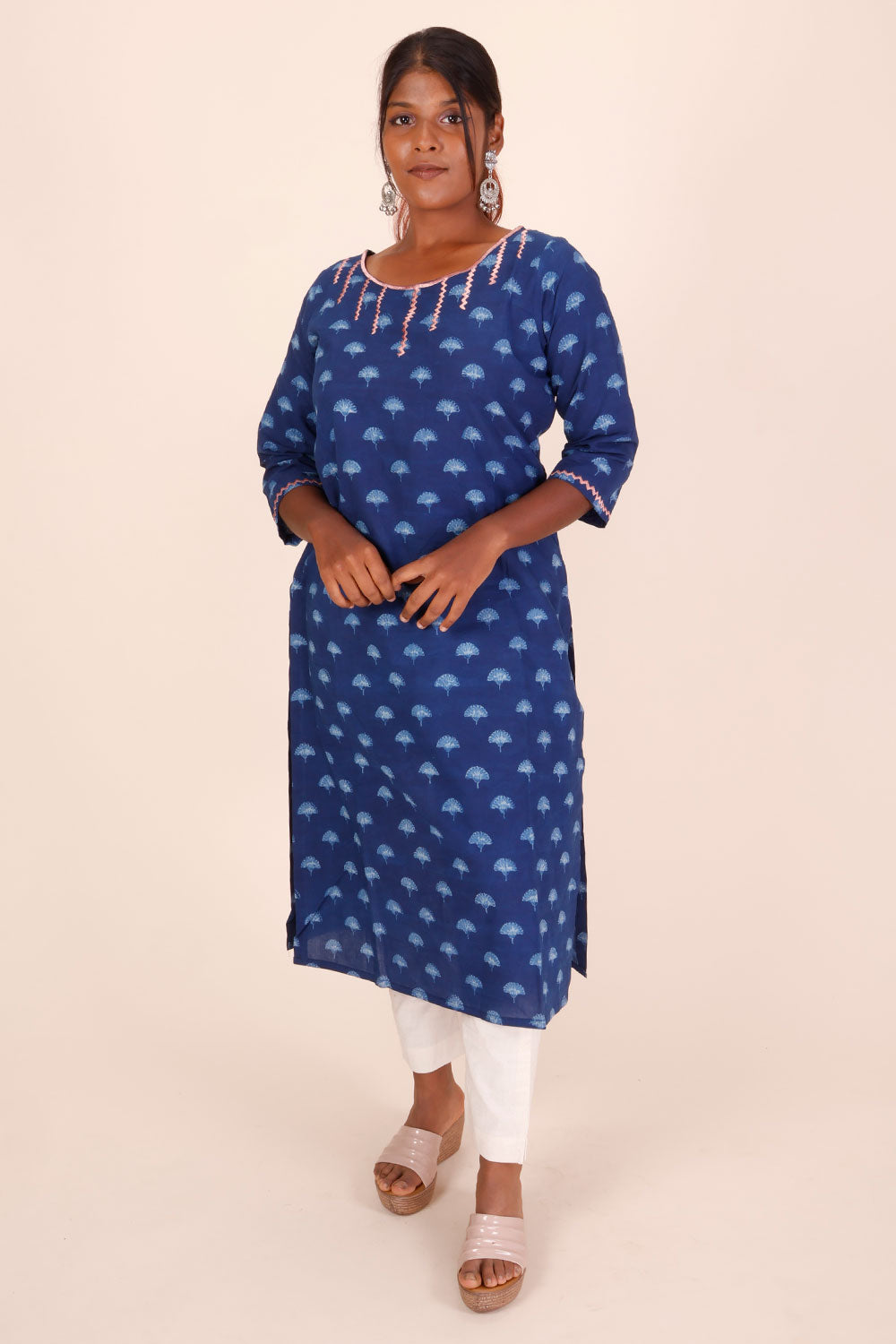 Indigo Dyed & Embroidered Dabu Printed Cotton Kurta 10068989 - Avishya