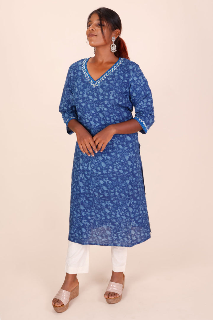 Indigo Dyed & Embroidered Dabu Printed Cotton Kurta 10068991 - Avishya