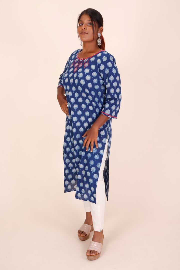 Indigo Dyed & Embroidered Dabu Printed Cotton Kurta 10068992 - Avishya