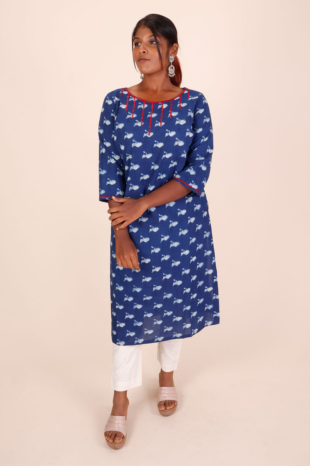 Indigo Dyed & Embroidered Dabu Printed Cotton Kurta 10068997 - Avishya