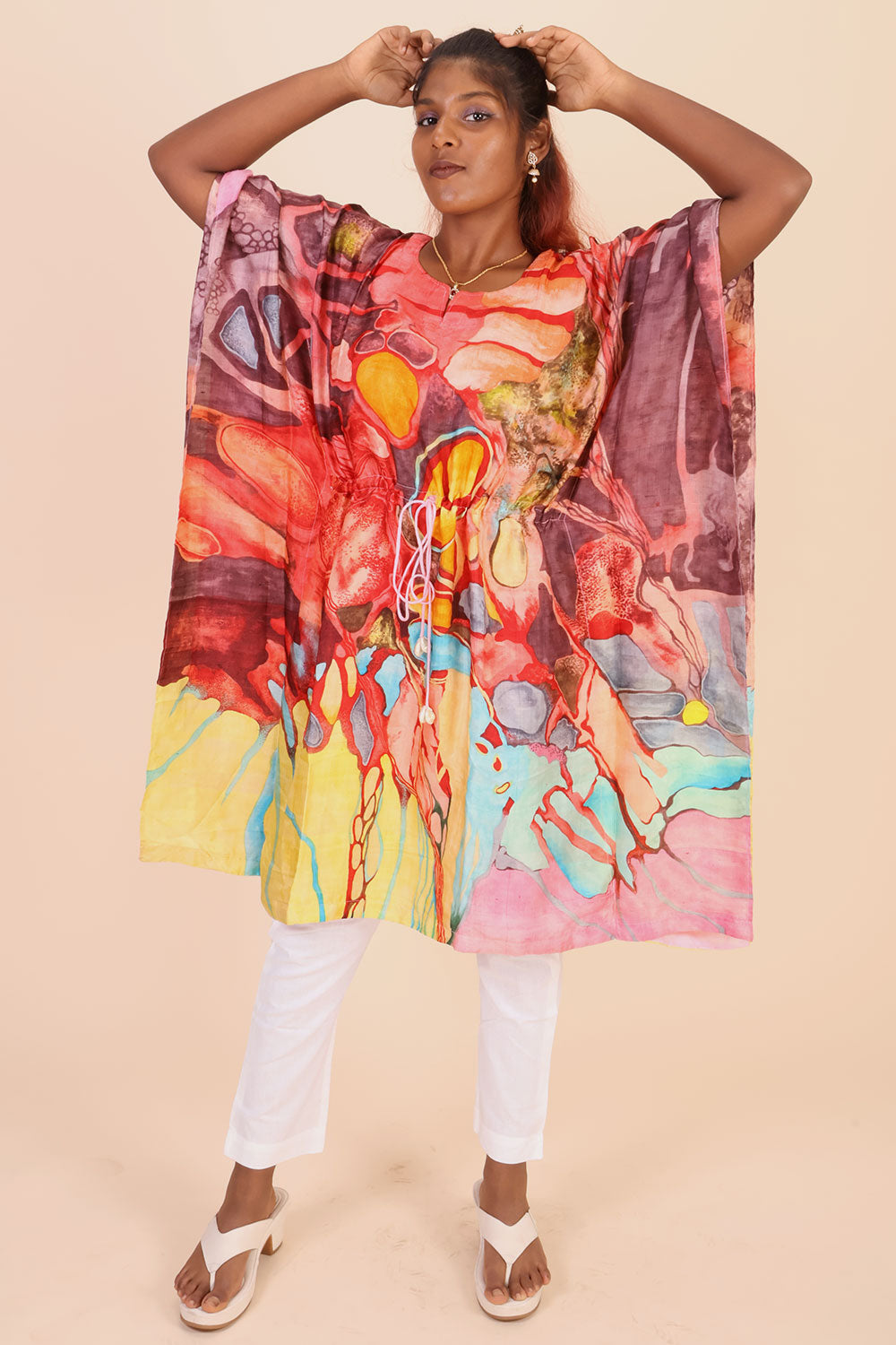 Multicolor  Hand Painted Mulberry Silk Kaftan 10070470