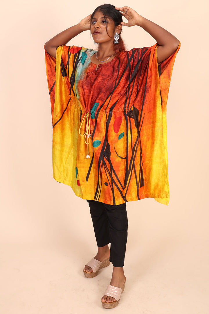 Multicolour Hand Painted Mulberry Silk Kaftan 10070471