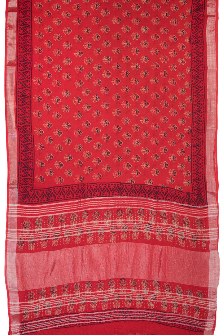 Red Hand Block Printed linen saree 10070874