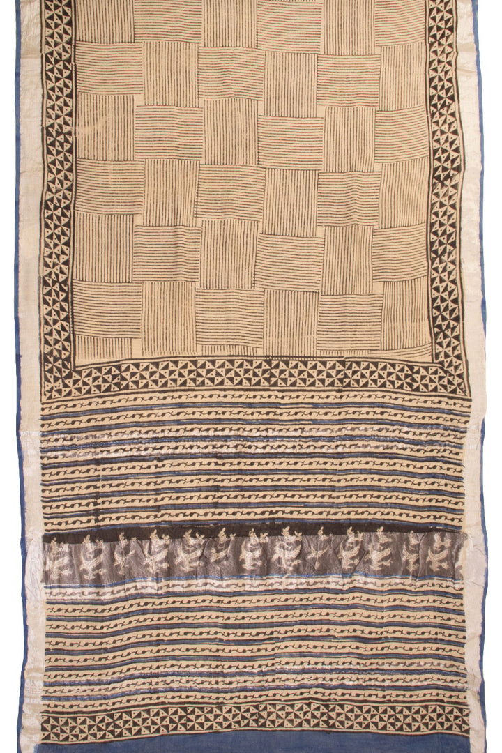 Beige Hand Block Printed linen saree