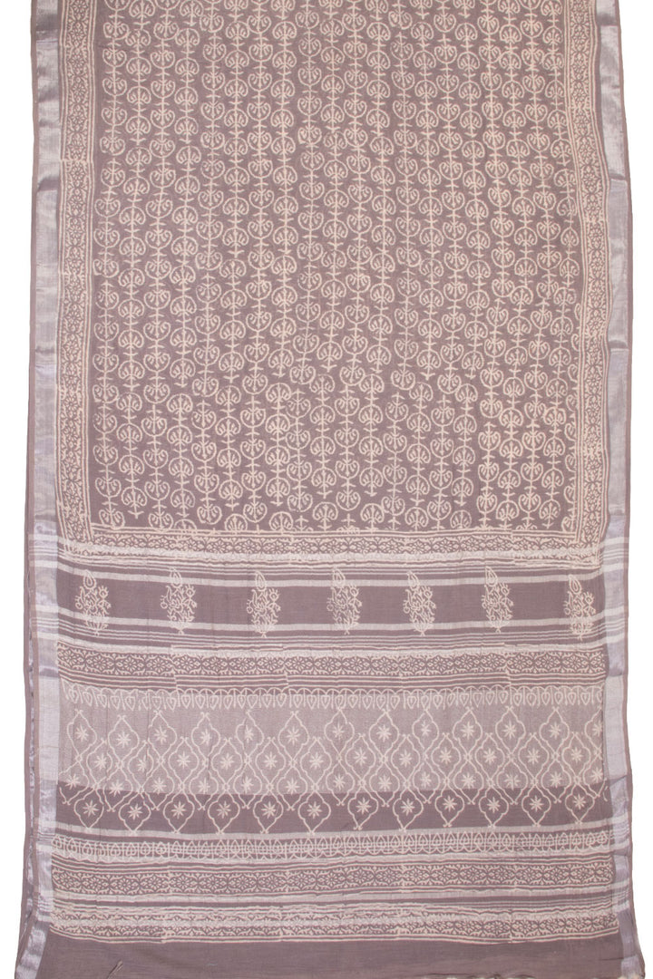 Brown Hand Block Printed linen saree