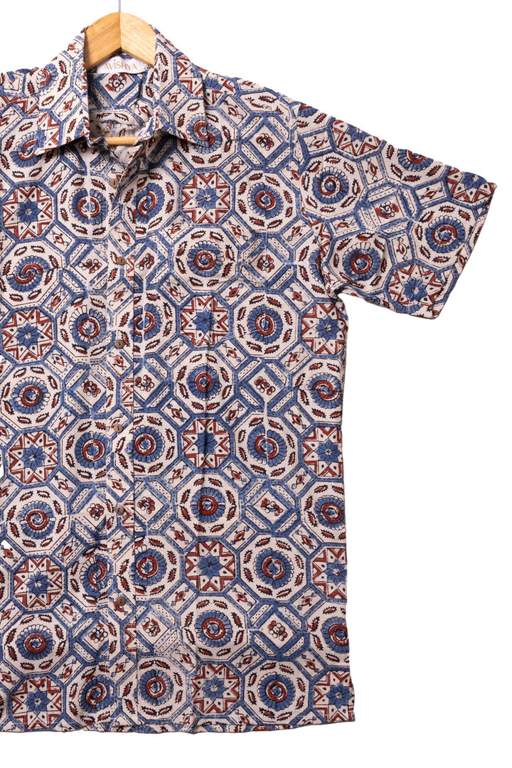 Cream Half Sleeve Ajrakh Printed Cotton Mens Shirt