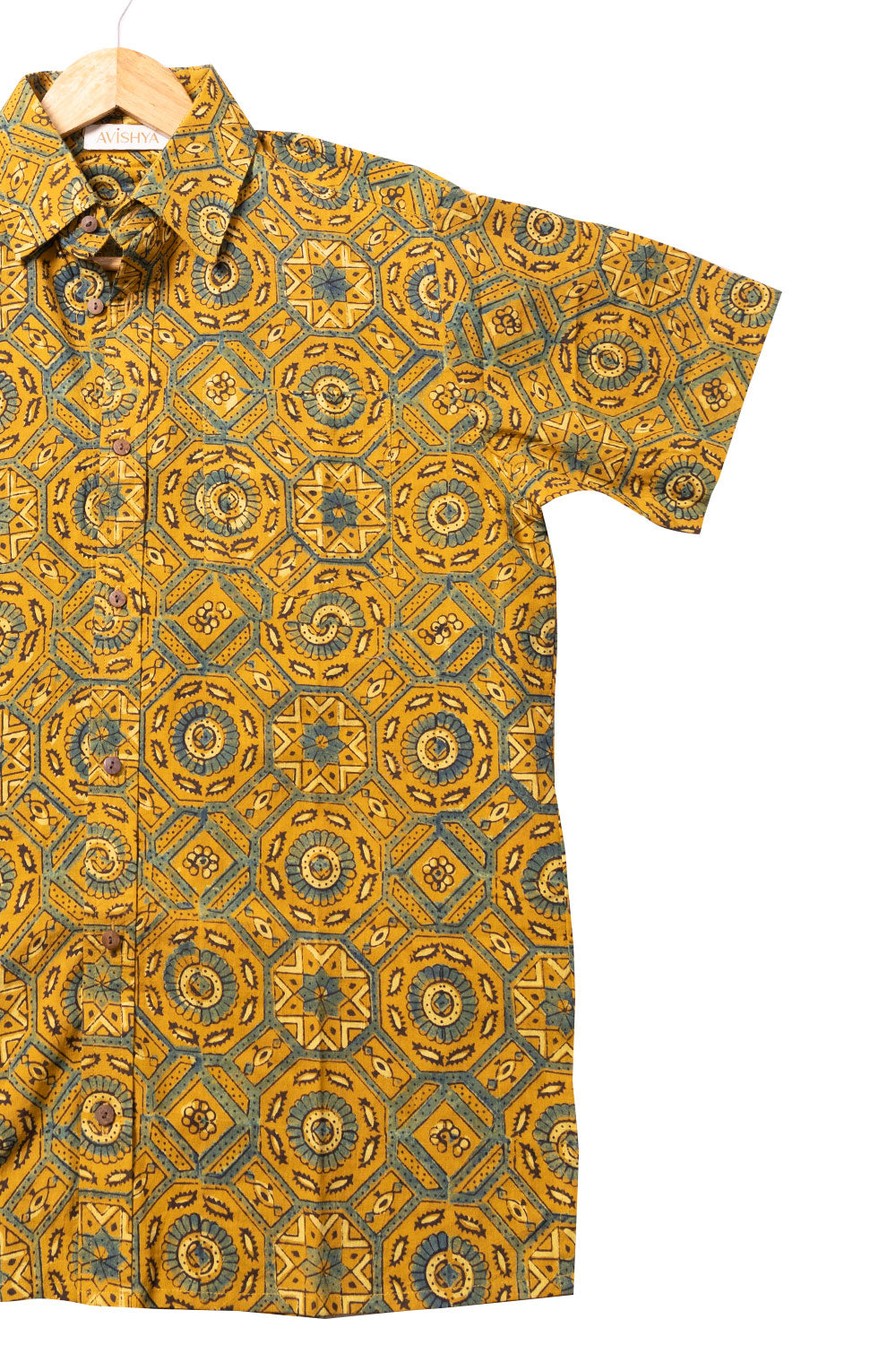 Yellow Half Sleeve Ajrakh Printed Cotton Mens Shirt