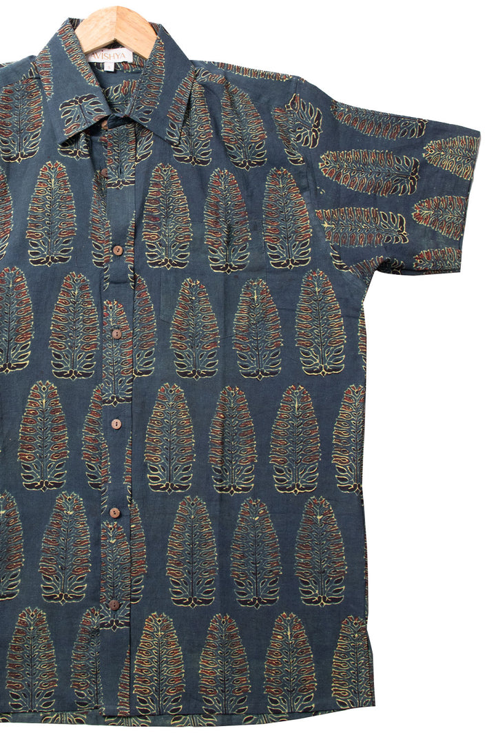 Blue Half Sleeve Ajrakh Printed Cotton Mens Shirt