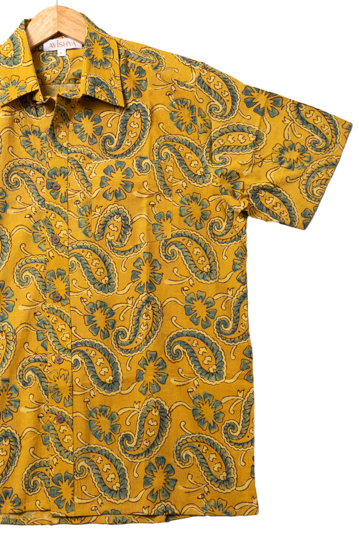 Yellow Half Sleeve Ajrakh Printed Cotton Mens Shirt 