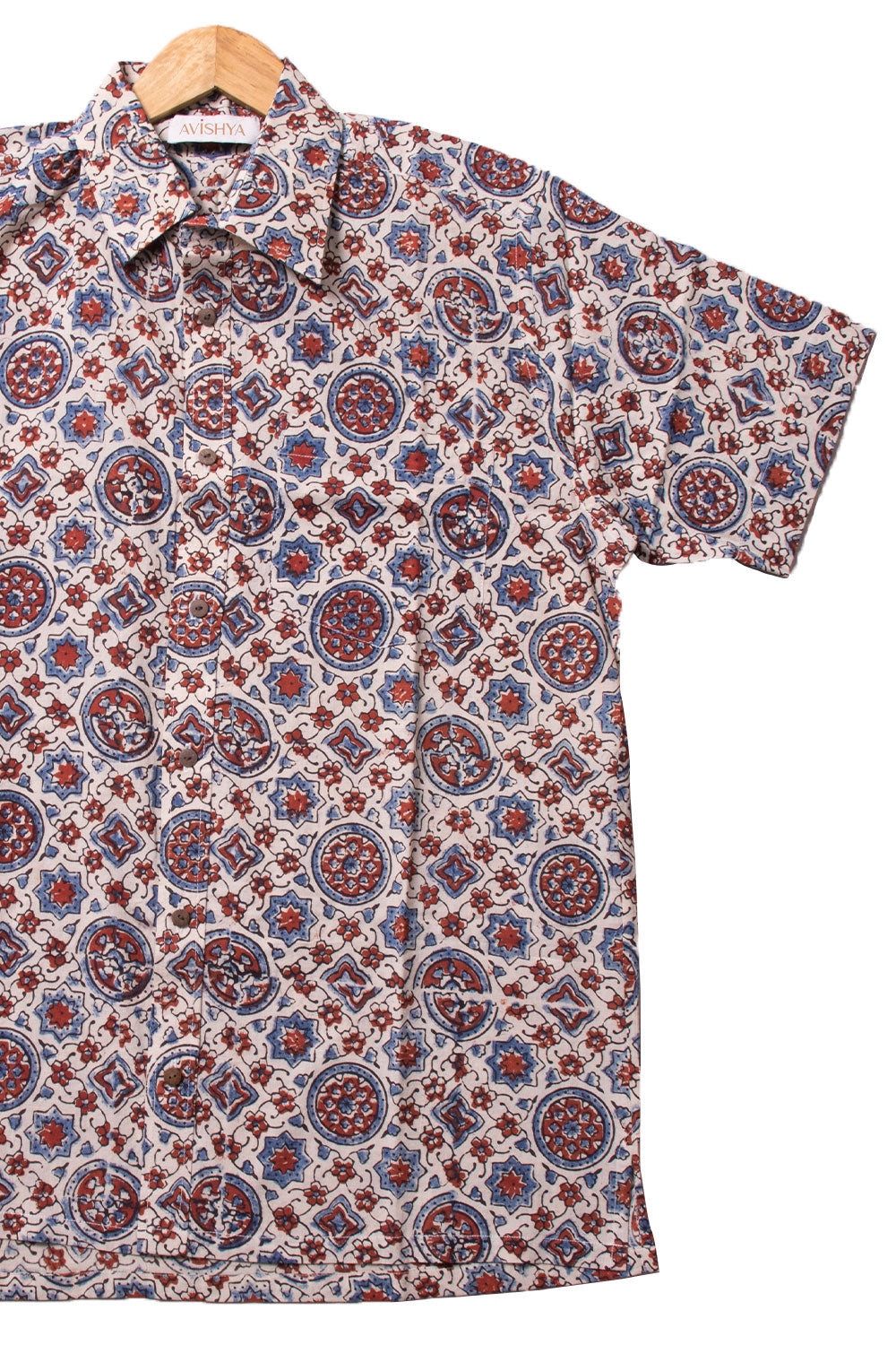 Cream Half Sleeve Ajrakh Printed Cotton Mens Shirt