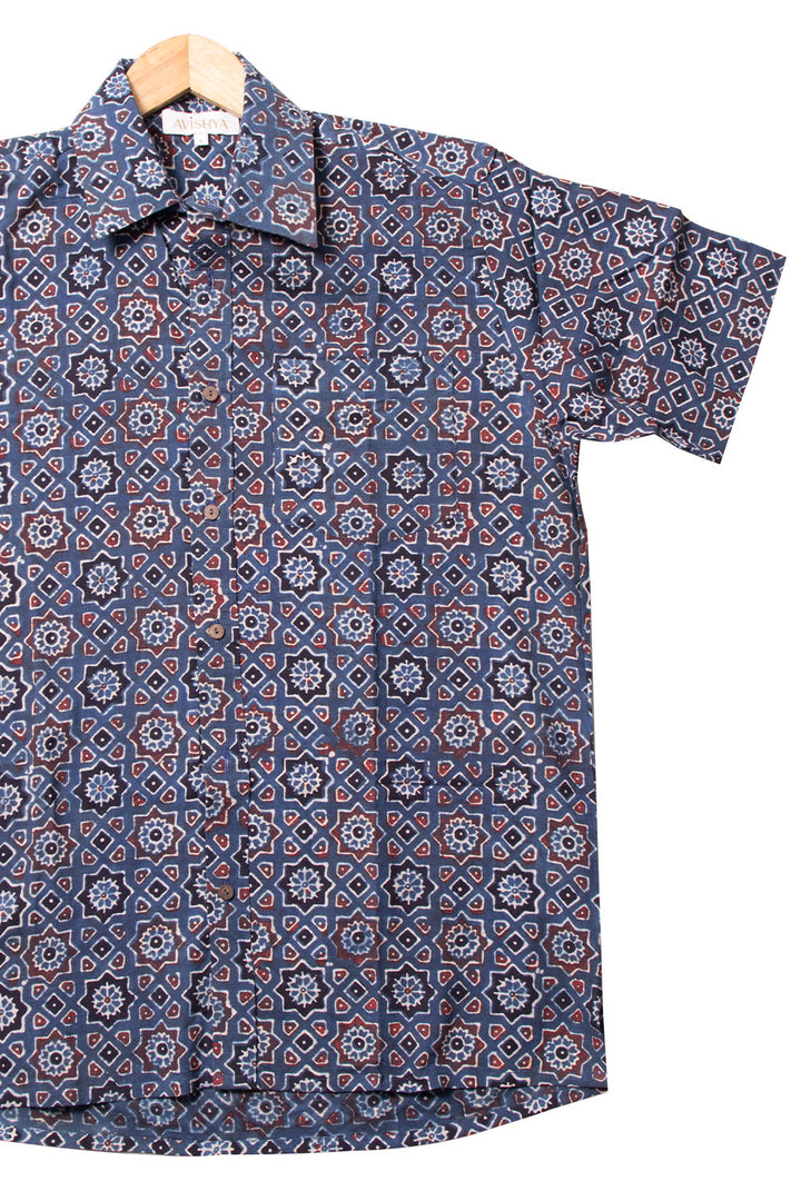 Blue Half Sleeve Ajrakh Printed Cotton Mens Shirt