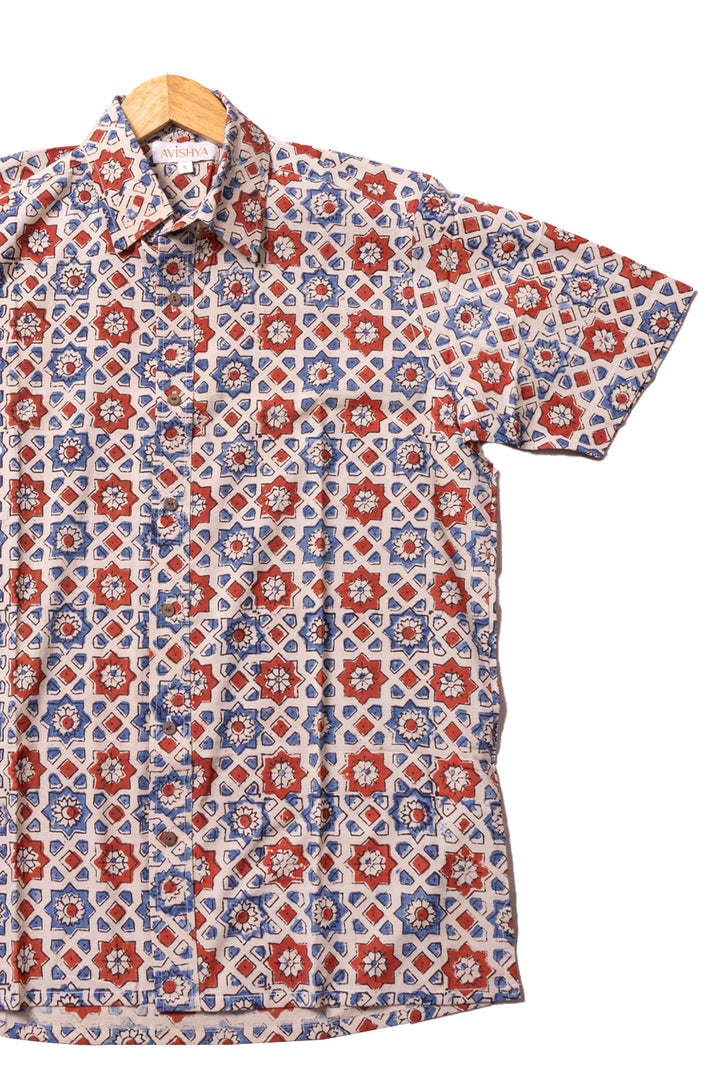 Cream Half Sleeve Ajrakh Printed Cotton Mens Shirt