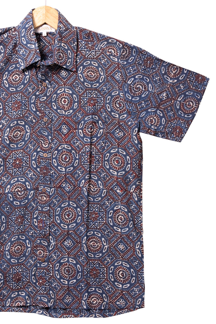 Blue Half Sleeve Ajrakh Printed Cotton Mens Shirt