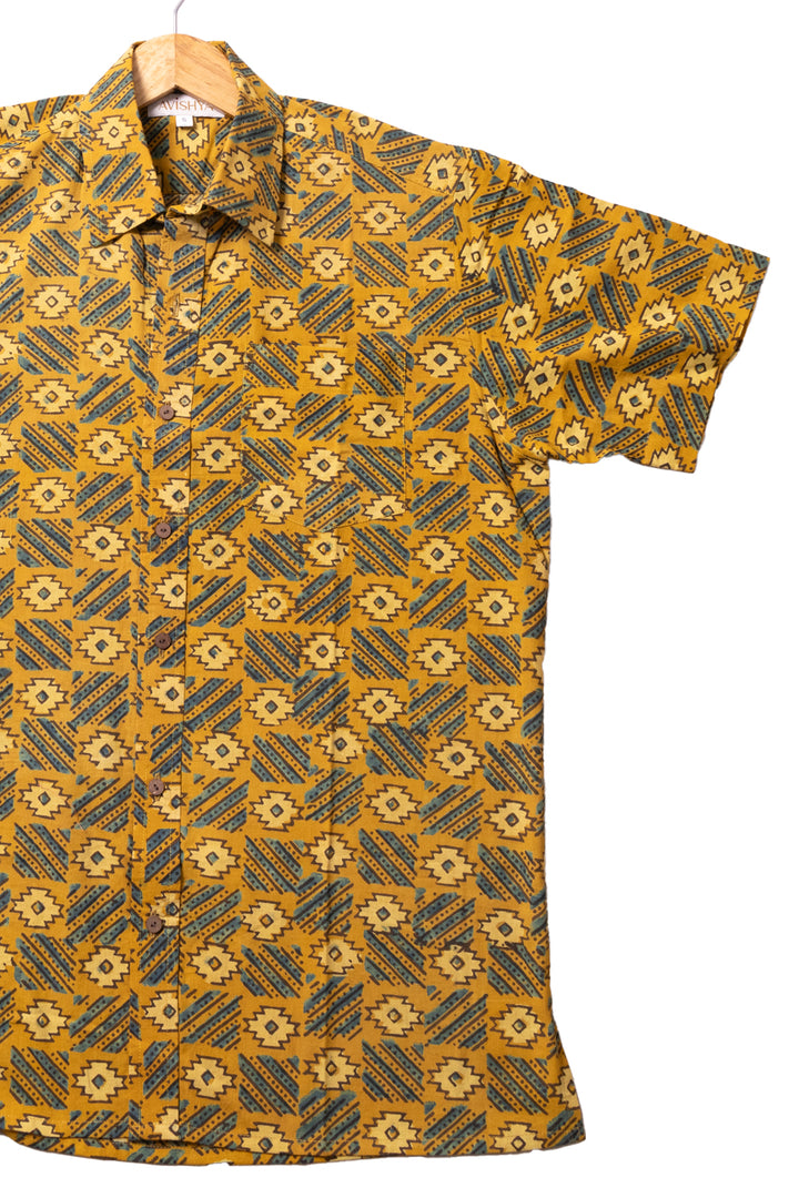 Mustard Yellow Half Sleeve Ajrakh Printed Cotton Mens Shirt