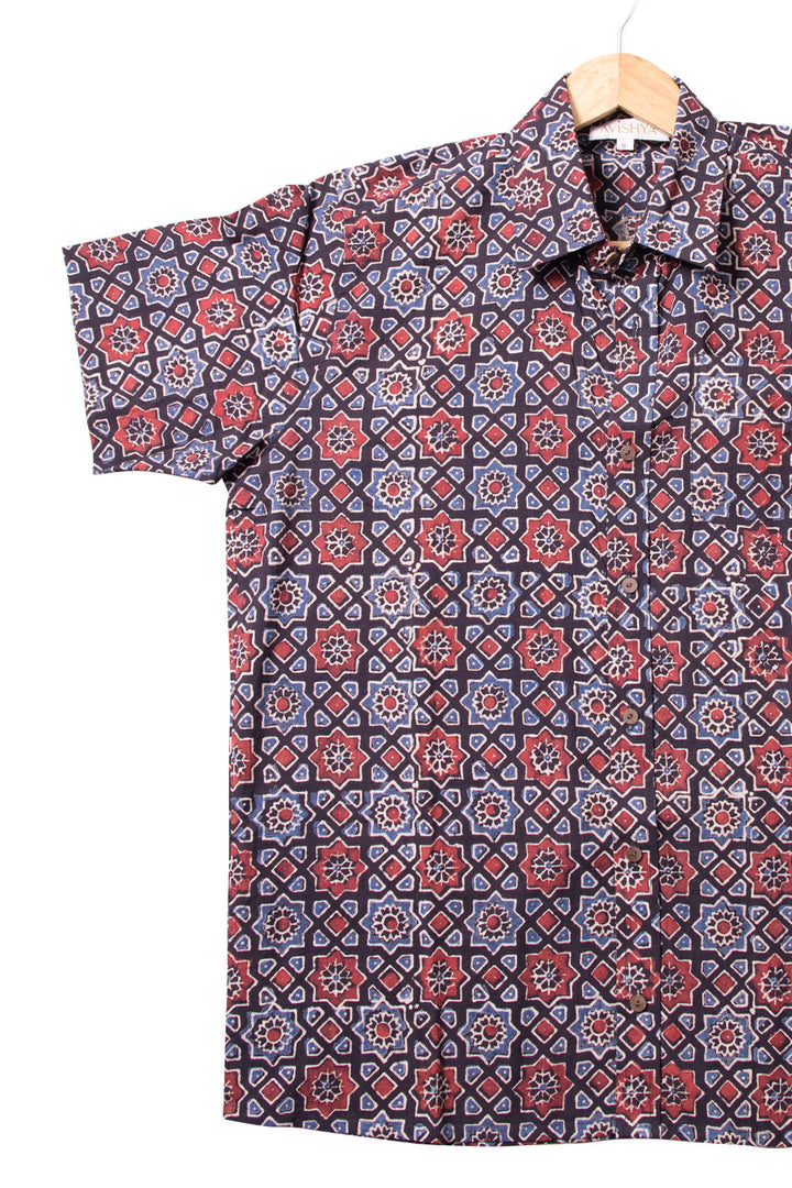 Black Half Sleeve Ajrakh Printed Cotton Mens Shirt