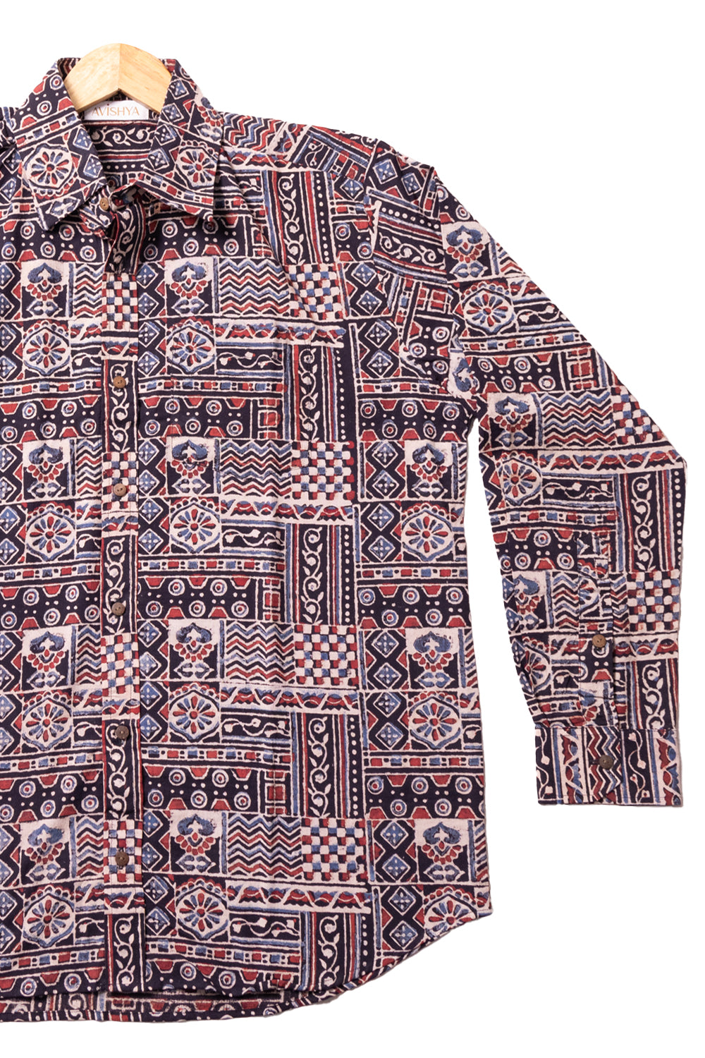 Black Full Sleeve Ajrakh Printed Cotton Mens Shirt