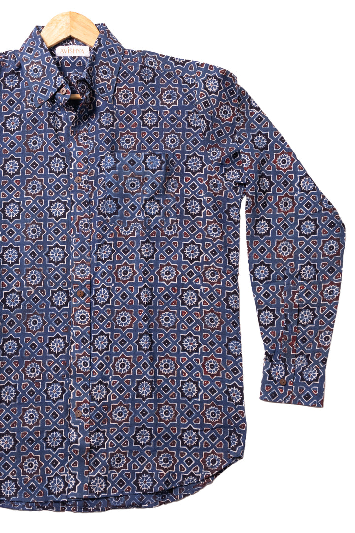 Blue Full Sleeve Ajrakh Printed Cotton Mens Shirt