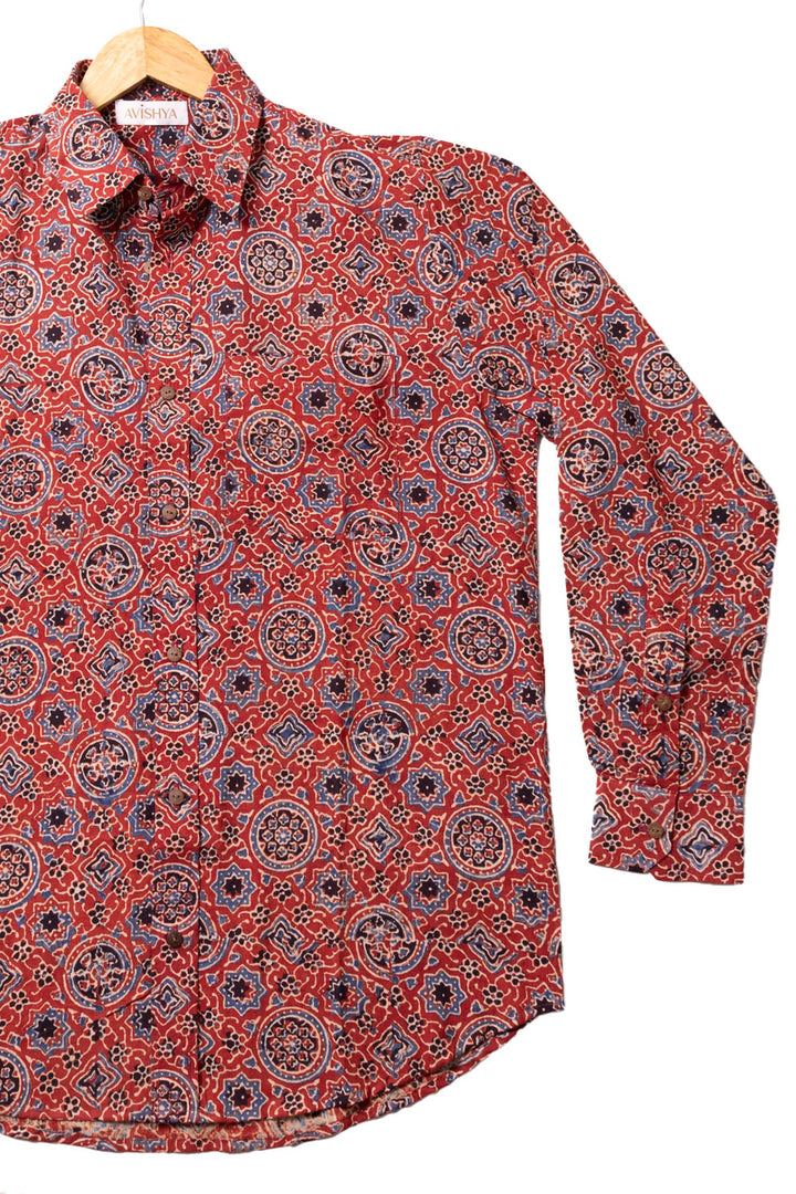 Red Full Sleeve Ajrakh Printed Cotton Mens Shirt