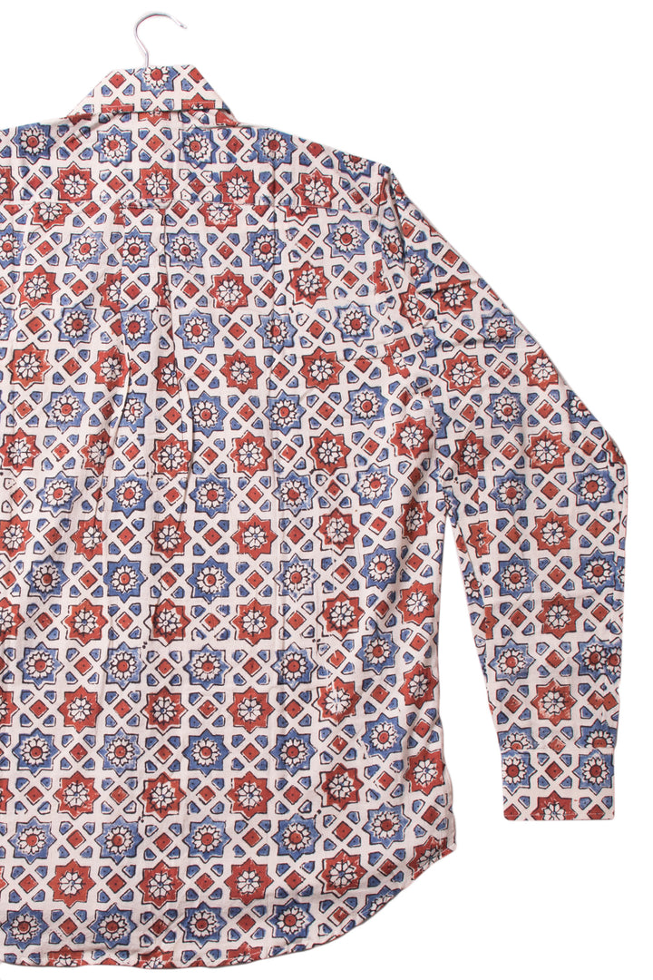 Cream Full Sleeve Ajrakh Printed Cotton Mens Shirt