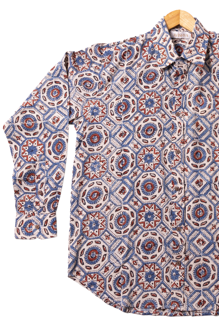 Cream Full Sleeve Ajrakh Printed Cotton Mens Shirt