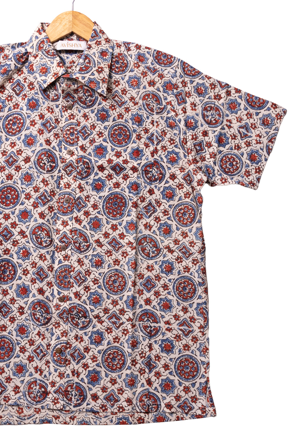 Cream Half Sleeve Ajrakh Printed Cotton Mens Shirt