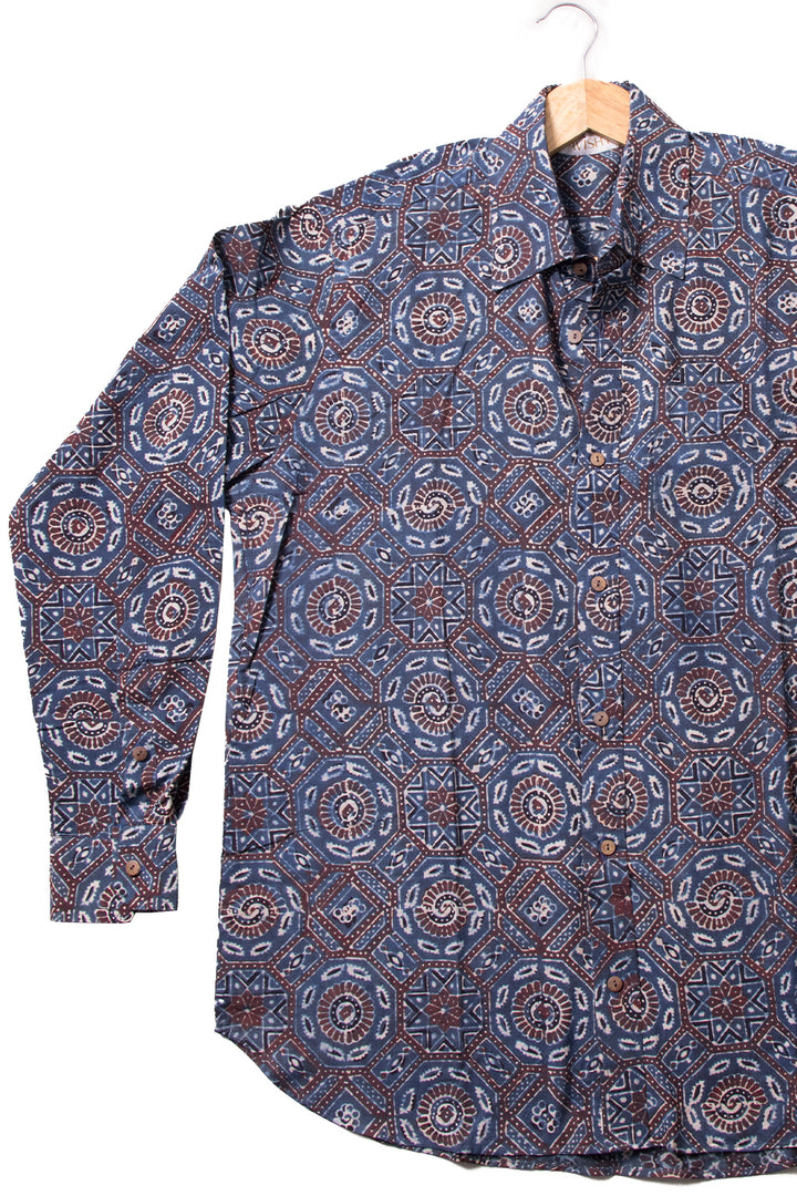 Blue Full Sleeve Ajrakh Printed Cotton Mens Shirt