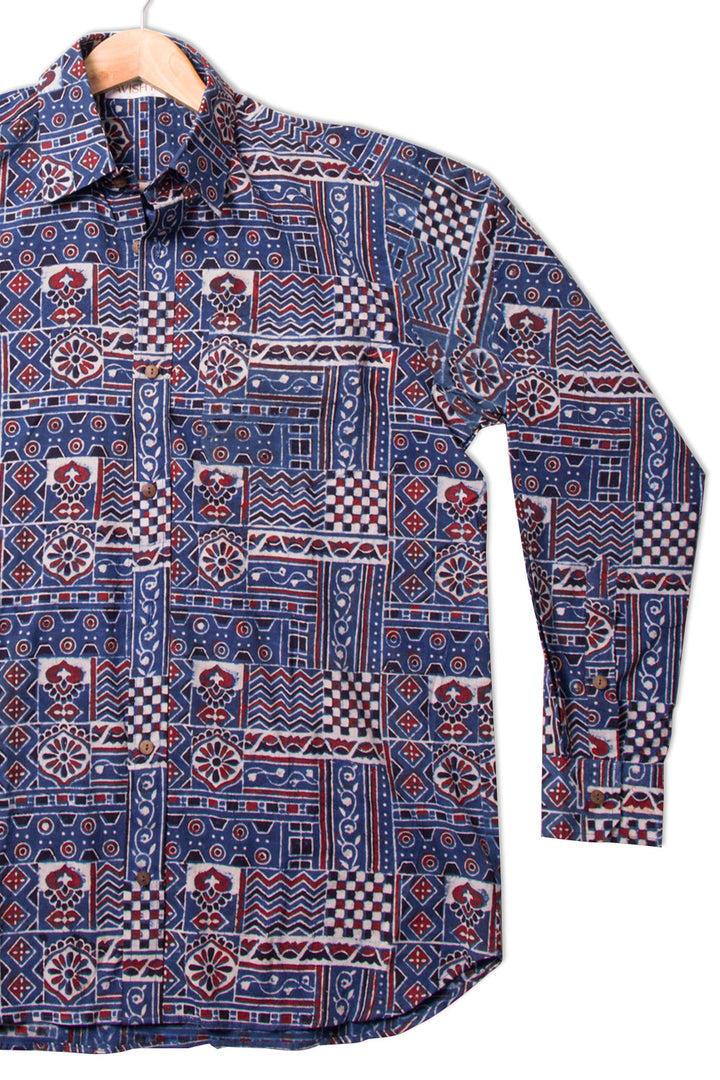 Blue Ajrakh Printed Cotton Mens Shirt 