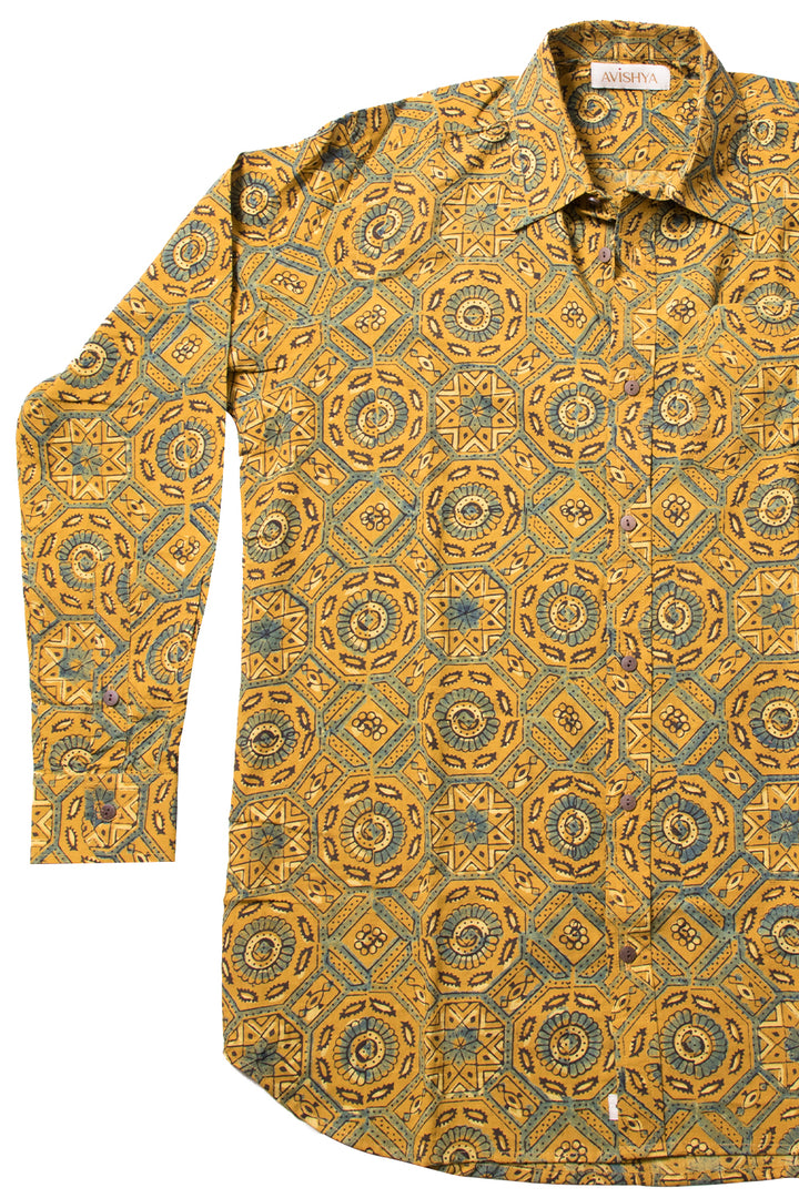 Yellow Full Sleeve Ajrakh Printed Cotton Mens Shirt