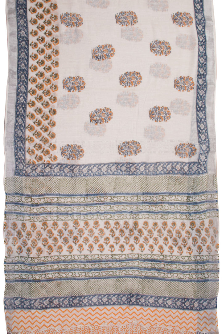 White Hand Block Printed Linen Saree