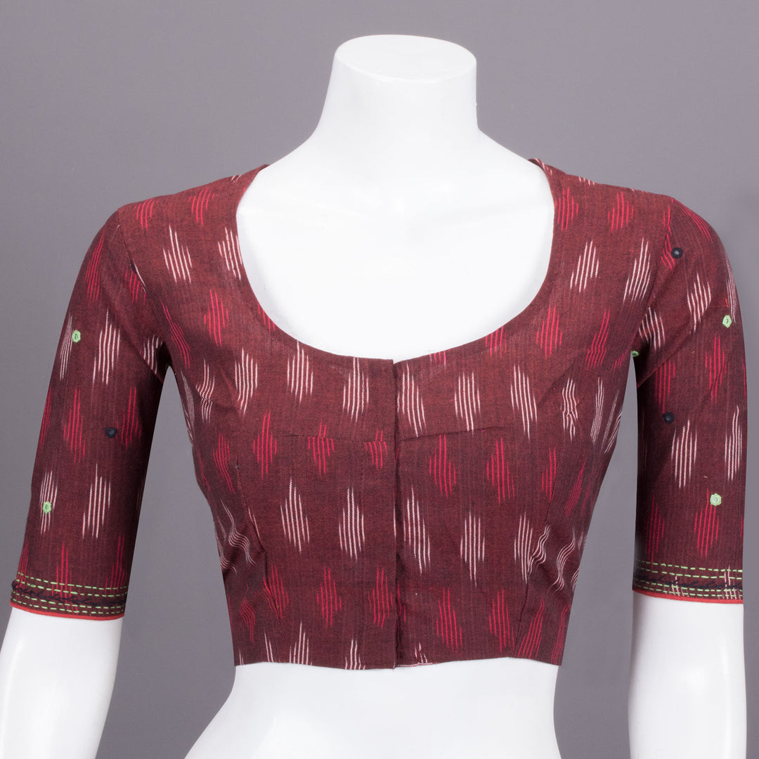 Maroon Ikat Mirror Work Embroidered Cotton Blouse