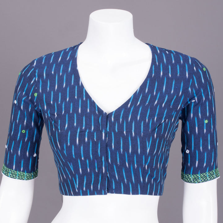 Blue Ikat Mirror Work Embroidered Cotton Blouse