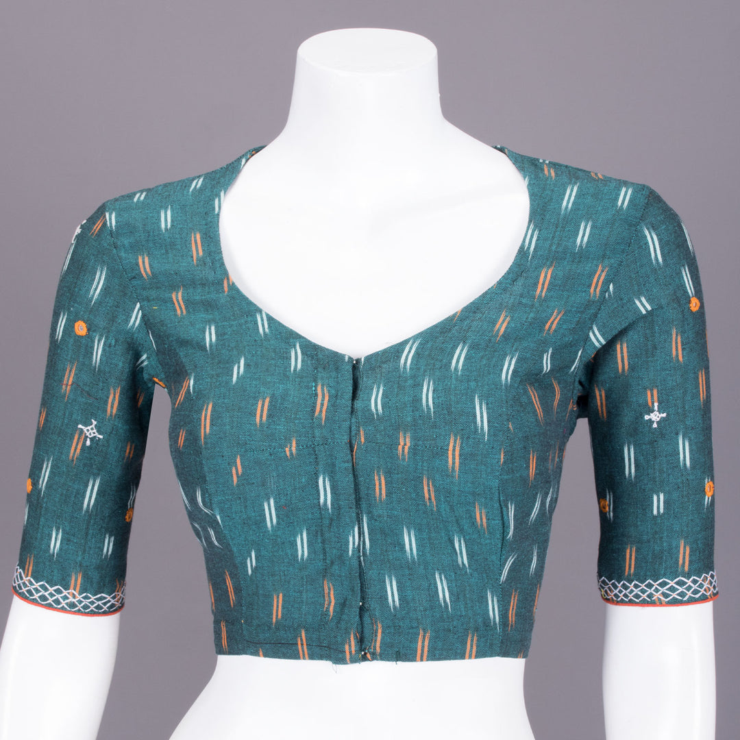 Blue Ikat Mirror Work Embroidered Cotton Blouse