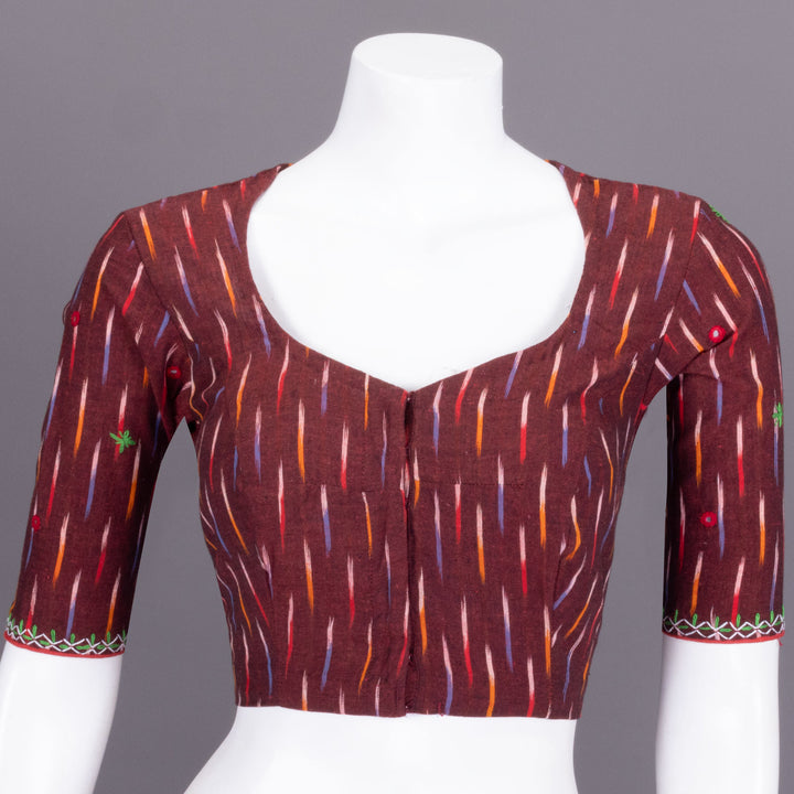 Maroon Ikat Mirror Work Embroidered Cotton Blouse