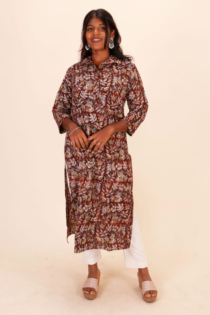 Brown Hand Block Printed Cotton Kurta 10071502