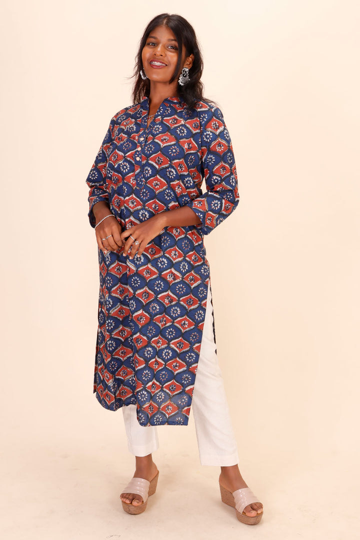 Blue Hand Block Printed Cotton Kurta 10071505