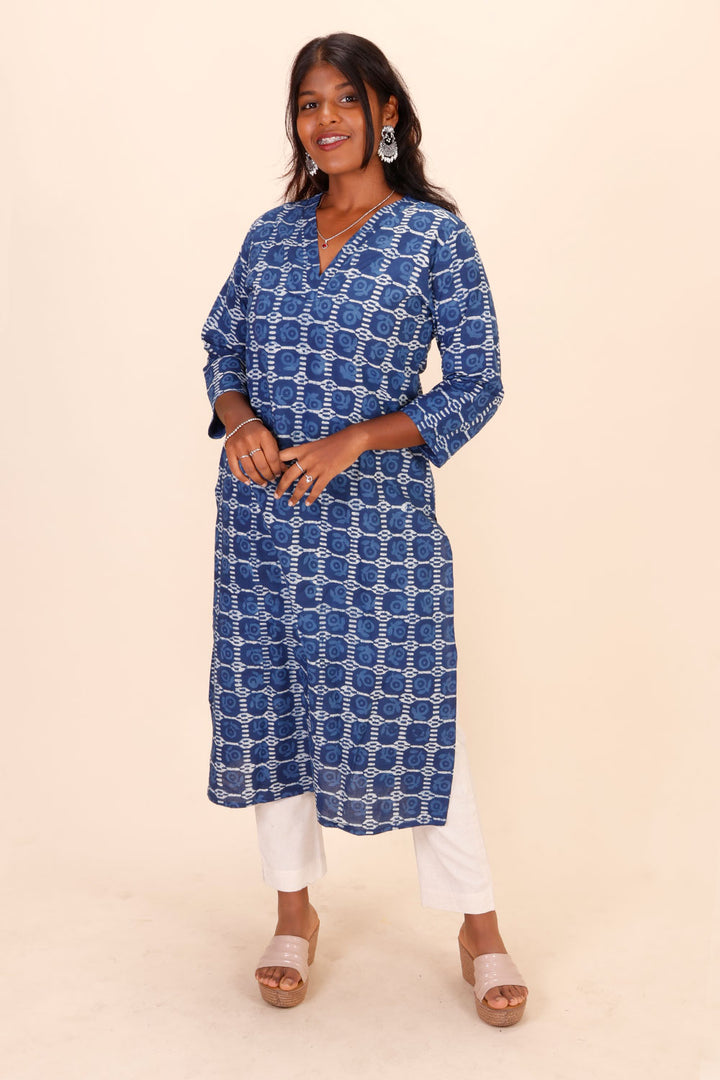 Blue Hand Block Printed Cotton Kurta 10071509