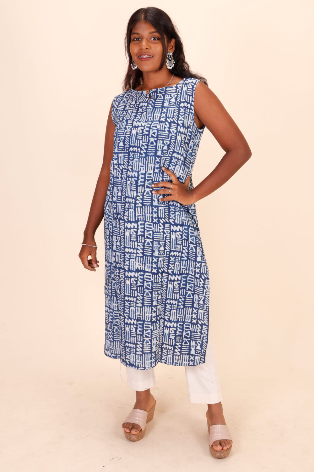 Blue Sleeveless Handblock Printed Kurta 10071510