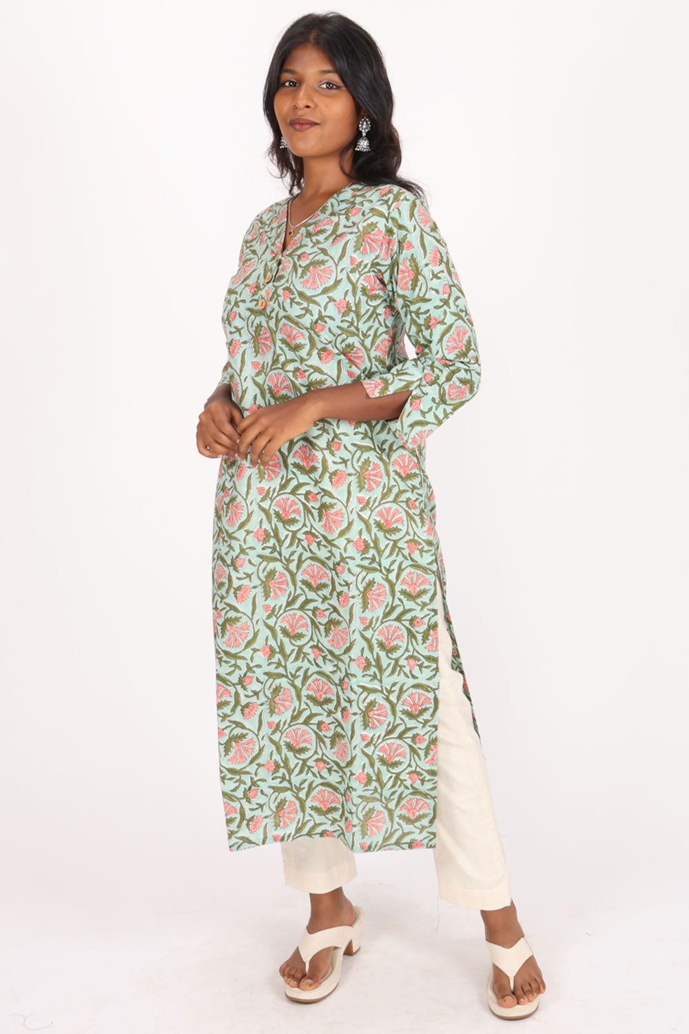 Green Hand Block Printed Cotton Kurta 