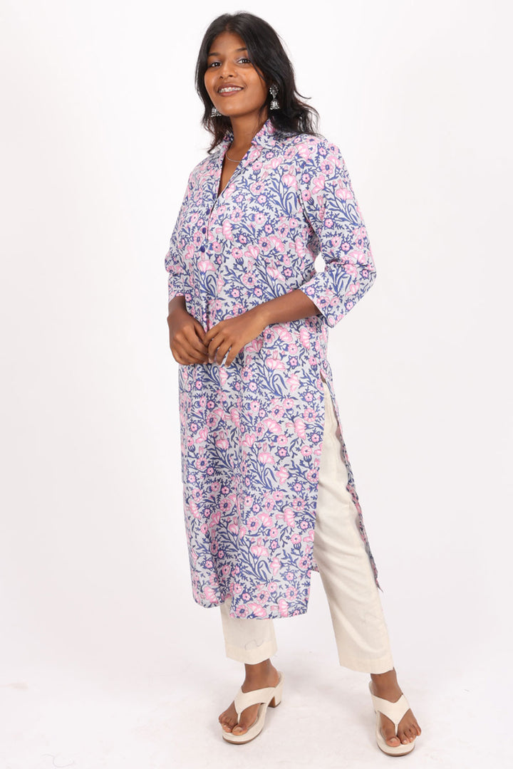 Lilac Handblock Printed Cotton Kurta