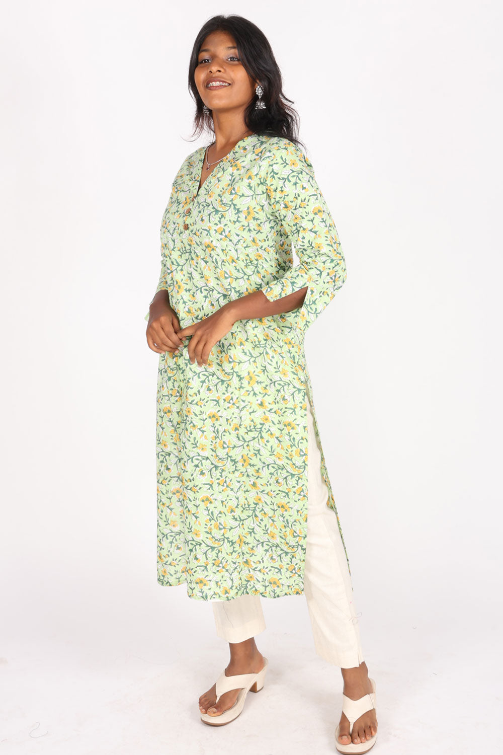 Green Hand Block Printed Cotton Kurta