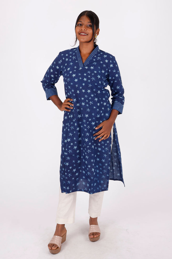 Indigo Hand Block Printed Cotton Kurta 