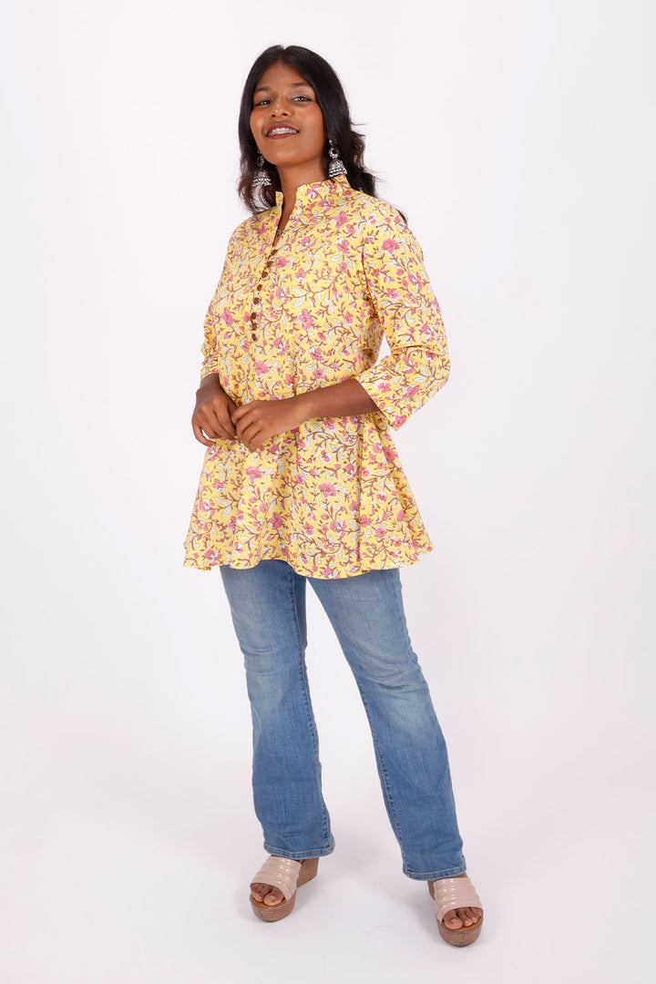 Yellow Hand Block Printed Kurti