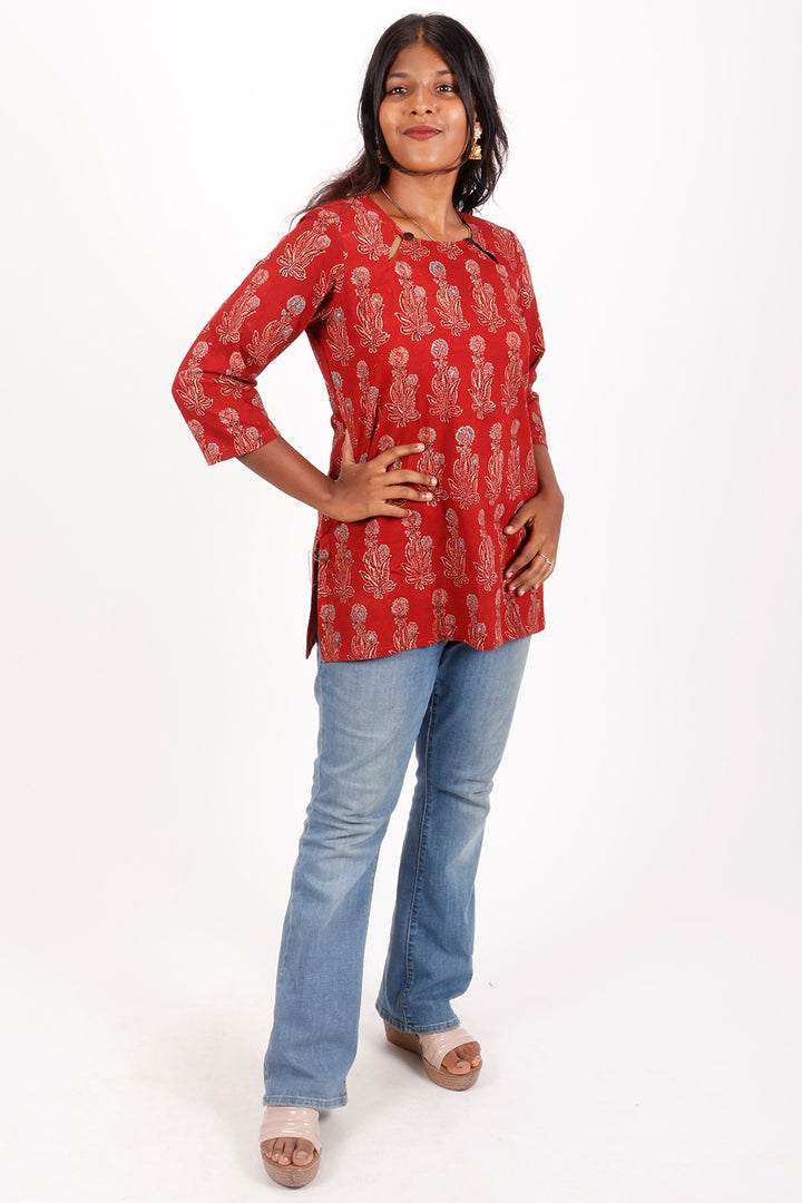 Red Ajrakh Printed Cotton Kurti 