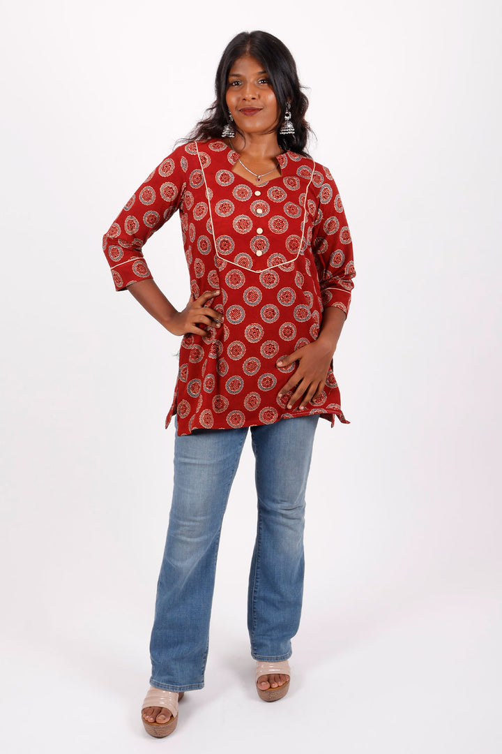 Red Ajrakh Printed Cotton Kurti