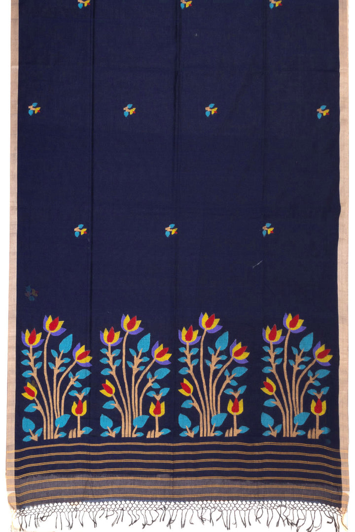 Blue Handspun And Handwoven Jamdani Cotton Saree 10072203