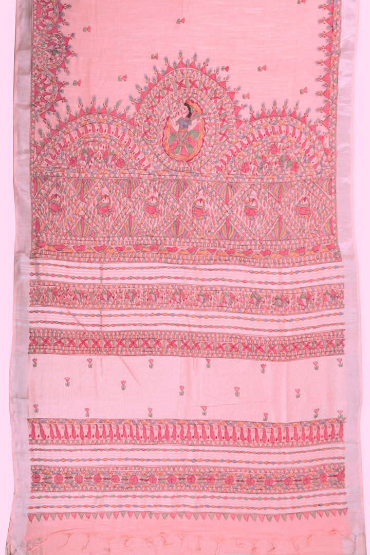 Peach Hand Painted Madhubani Linen Saree 10072726